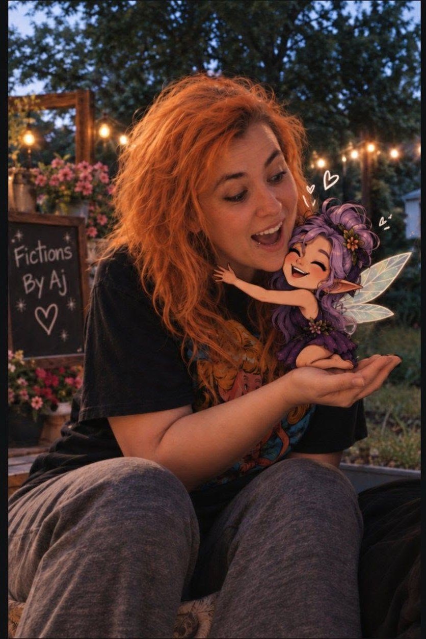 Aj Castelletto holding an illustrated Lark, a purple-haired fairy, outdoors beside a Fictions by Aj chalkboard